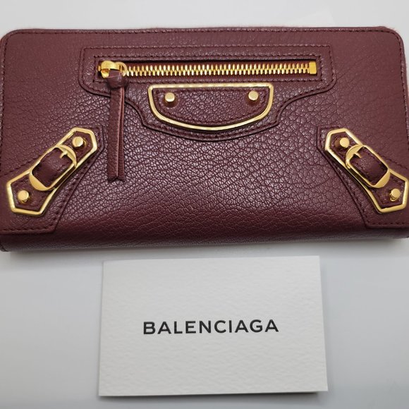 ❌SOLD❌ Balenciaga Red Burgundy Maroon Gold Continental Zip Around Wallet Moto - Picture 12 of 17